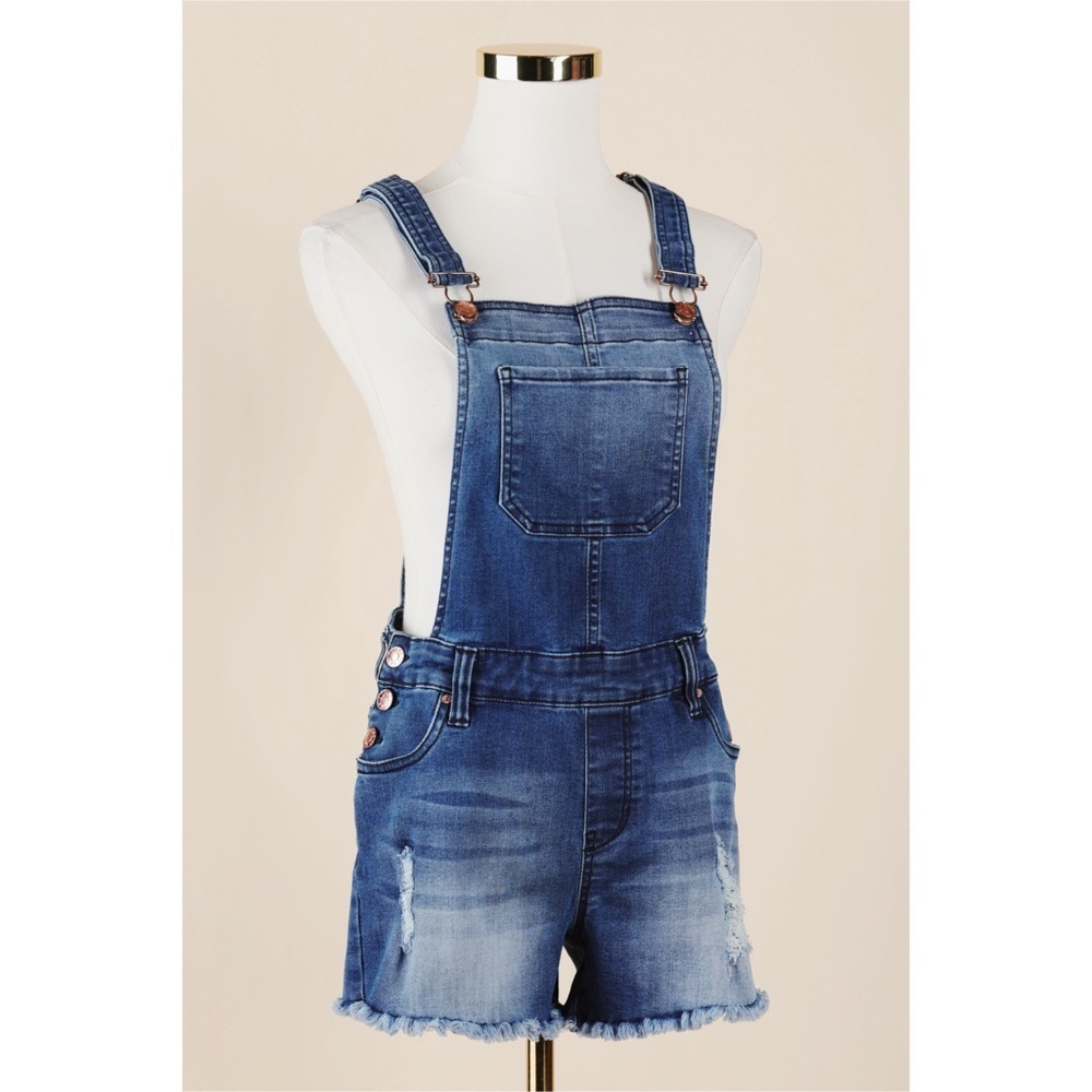 Sz S Celebrity Pink Medium Wash Distressed Mid Rise Cut-Off Denim Overalls EUC